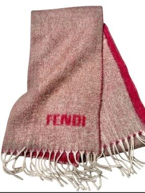 Authentic fendi Red and Pale Pink Lana Wool Logo Scarf with Fringe